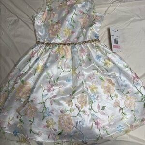 Rare Editions White Embroidered Dress with Rhinestone waistband